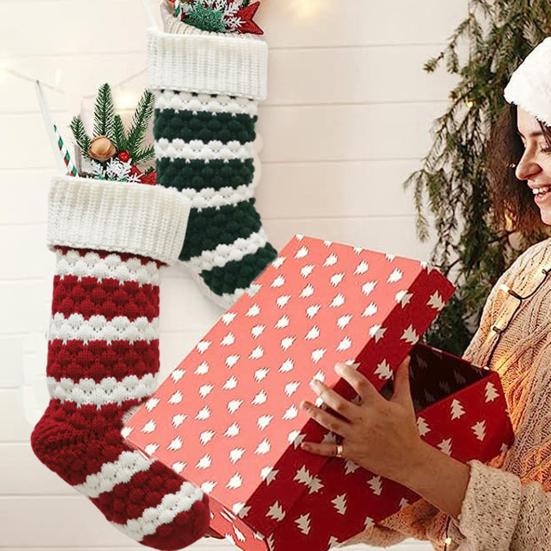 1Pc Christmas Stocking Knitted Red Green White Striped Large Capacity Reusable Xmas