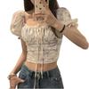 Spice Girl Bubble Sleeve Floral Short-sleeved Shirt Women's Summer Pure Desire To Close the Waist Slim-fitting Sexy Pinched Waist Tight Short Top