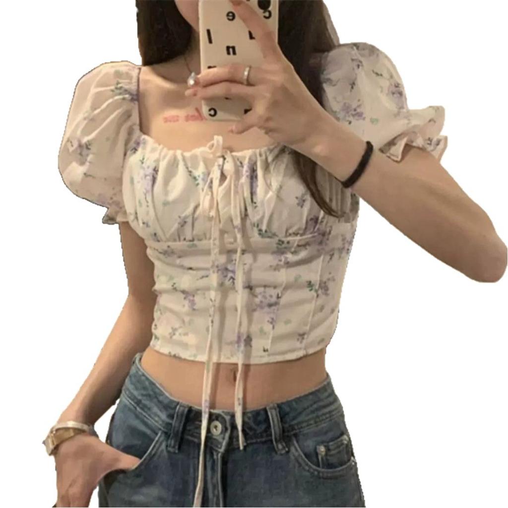 Spice Girl Bubble Sleeve Floral Short-sleeved Shirt Women's Summer Pure Desire To Close the Waist Slim-fitting Sexy Pinched Waist Tight Short Top
