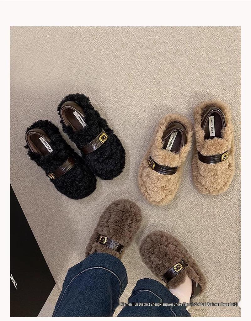 Lambswool Women's Fuzzy Winter Shoes 2025 - Fleece-lined, Thick Sole, Buckle, Warm Maternity Cotton Bean Shoes