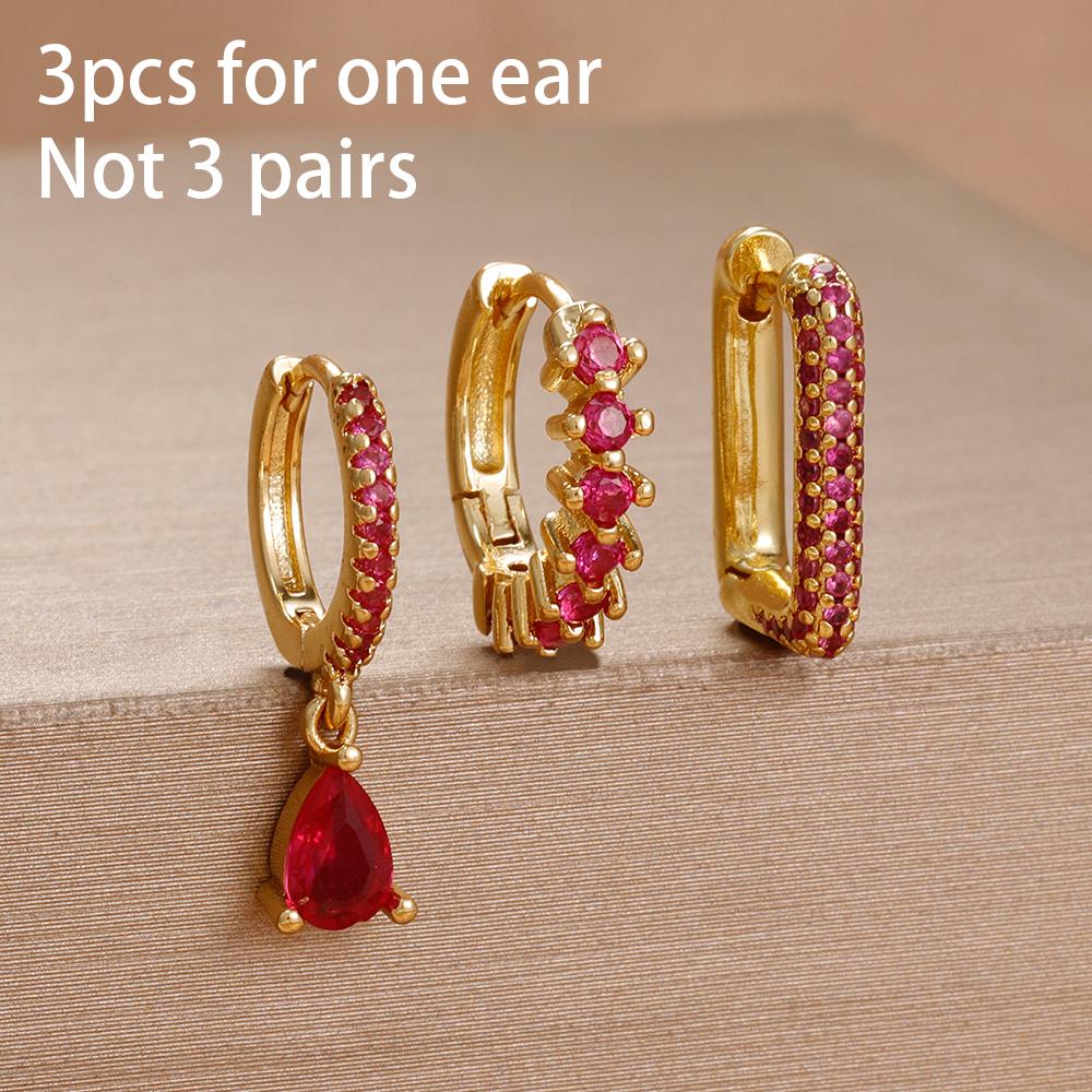3PCS Rose Red Cubic Zircon Stainless Steel Hoop Earrings Set 18K Gold Plated Huggie Pendant Piercing Earring Women's Jewelry