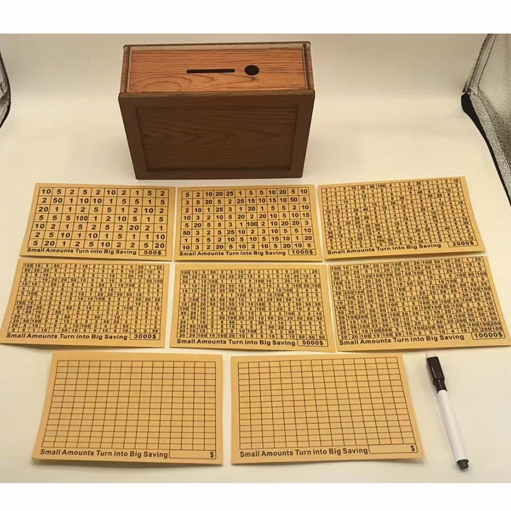 USD or EURO Cash Vault Wooden Savings Box with Money Target and Numbers, Coin Counter Piggy Bank with Counter and Pen