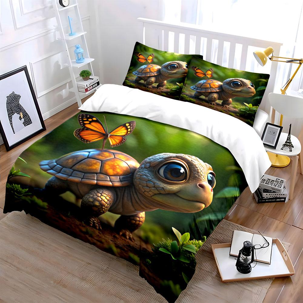 Turtle and Butterfly in Fairy Forest Print Bedding Set 1Duvet Cover 2 Pillowcases for Adult and Children Luxury Gift Full Size