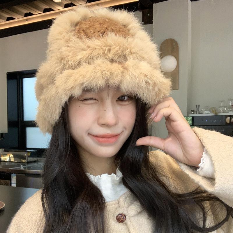 Real Rabbit Fur Hat Female Winter Warm Hairy Lion Hat Versatile Face Small Knitted Wool Hat Plush Cold Hat