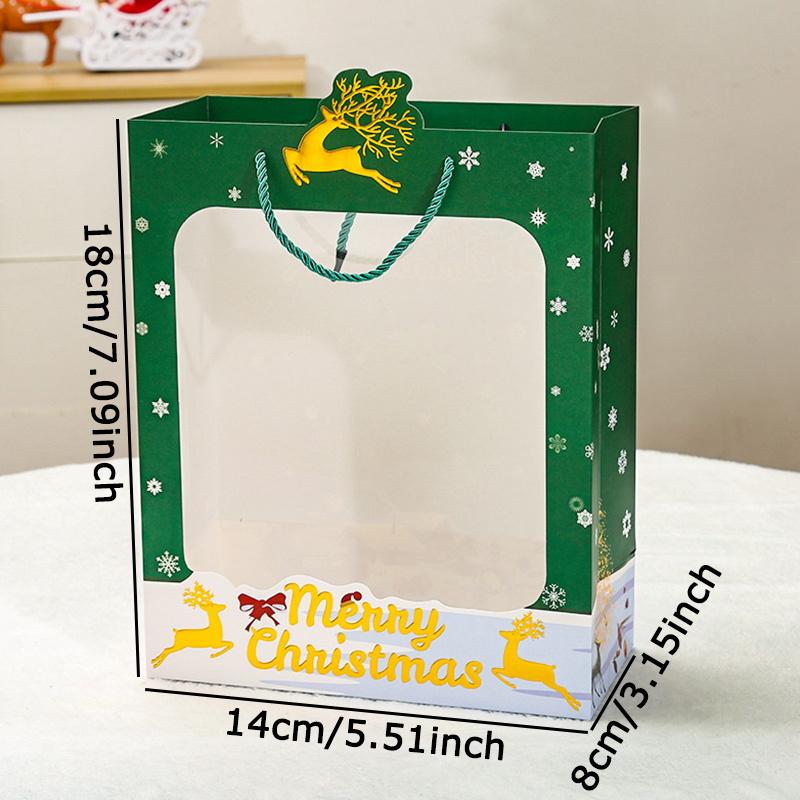 WTEMPO 10PCS, 8*14*18CM, Christmas Paper Handbags, Hot Stamping Christmas Eve Gift Packaging Bags, Transparent Window Gift Display Bags