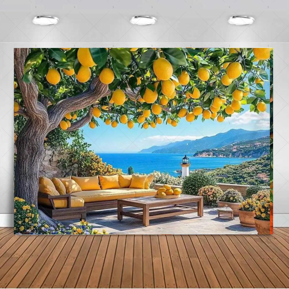 Seaside Town Lemon Tree Background Banner Open Window Landscape Backdrop Supplies Photography Prop Birthday Party Decorations