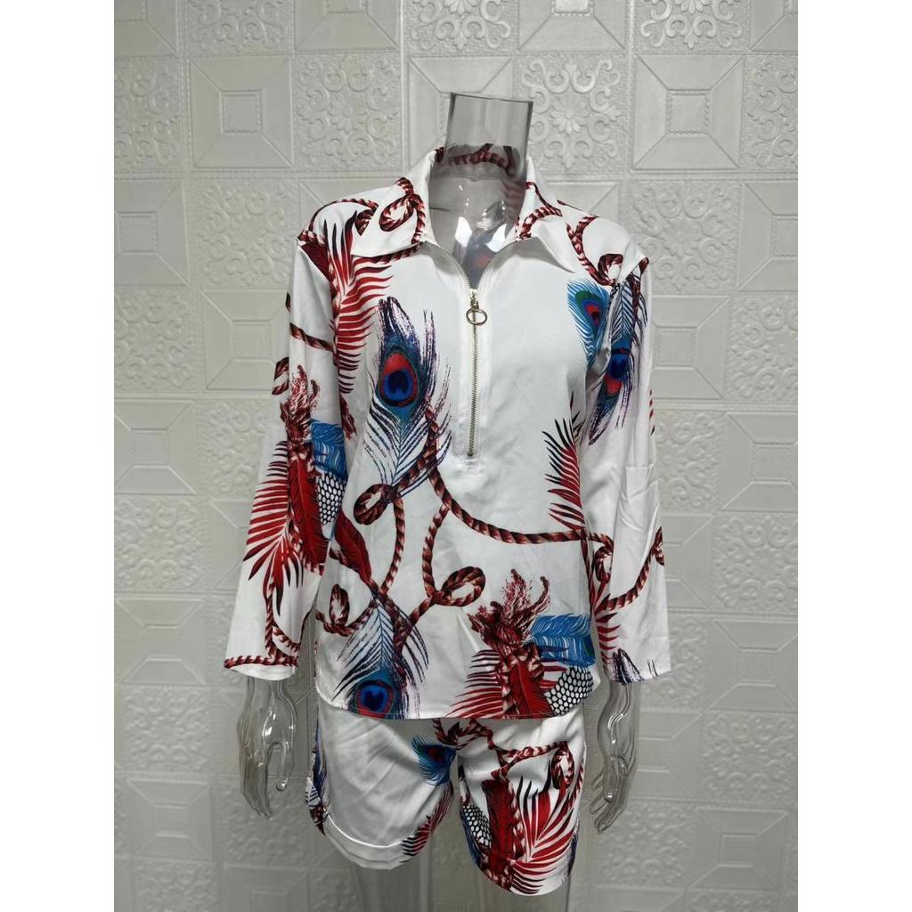 Women's sets summer long-sleeved lapel printed zipper shirt shorts clothes sale