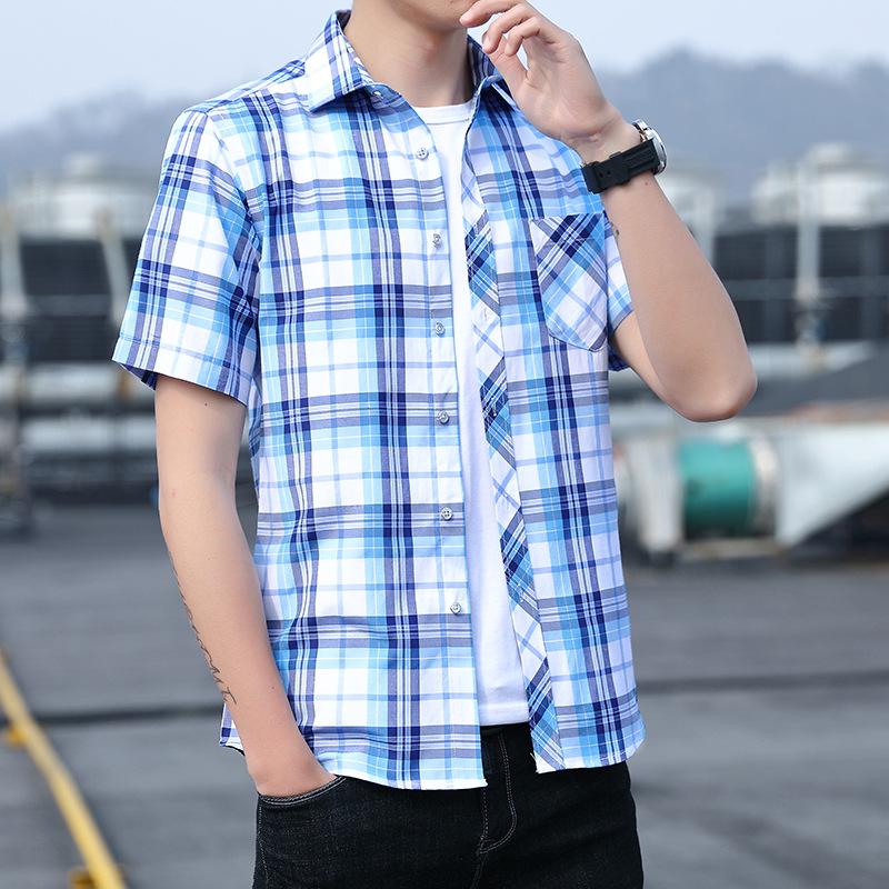 Men's Casual Plaid Japanese Turn-Down Collar Short Sleeve Youth Shirt
