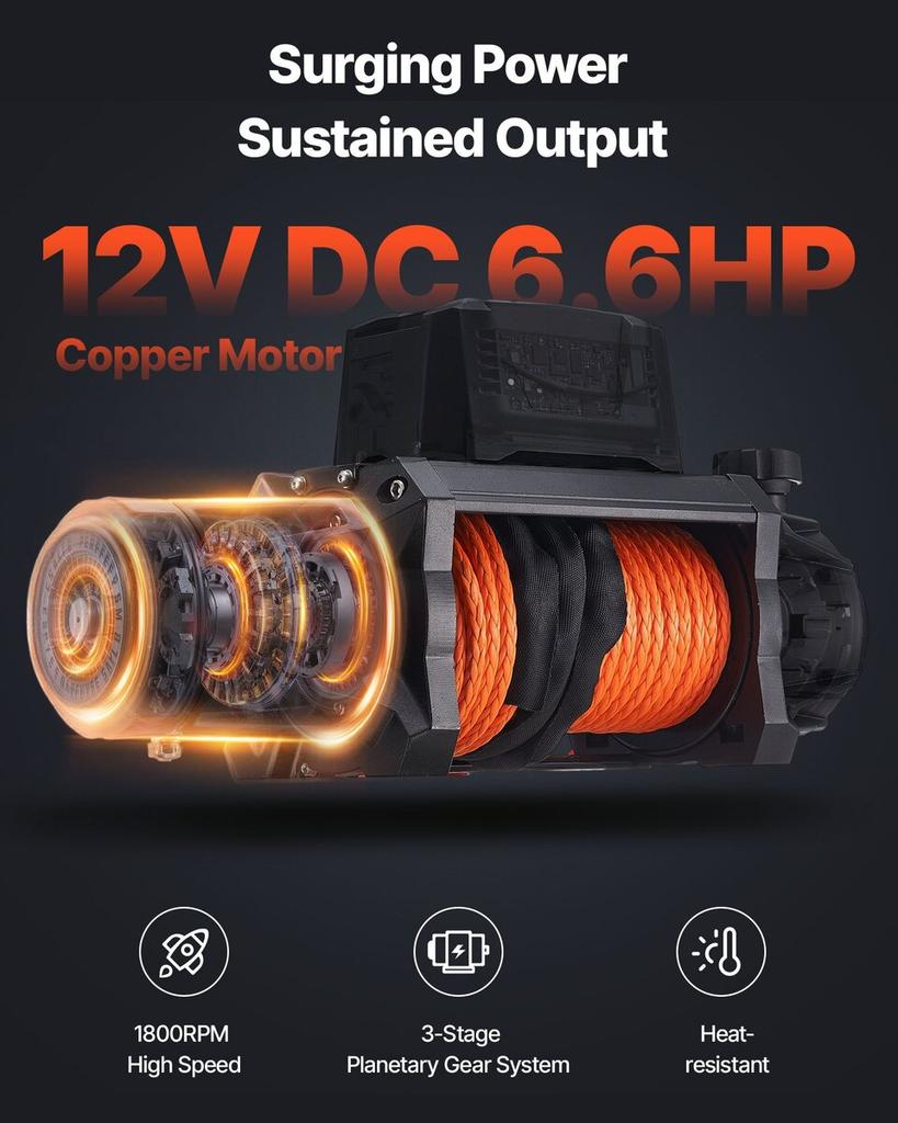 Electric Winch, 5400 kg Load Capacity, 12V DC Truck Winch with 9.5 mm x 28 m Synthetic Rope, Wireless & Wired Remote Control, IP67 Waterproof for