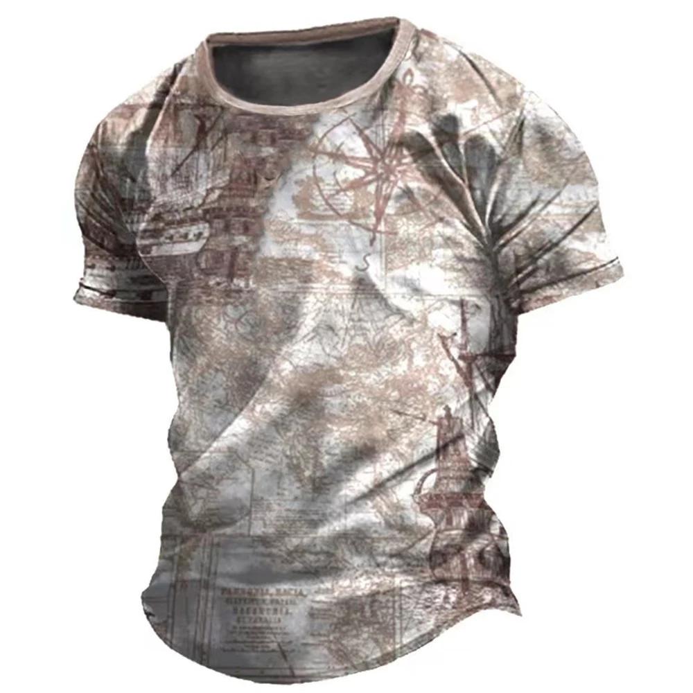 Summer Round Neck 3D Print Vintage Compass Pattern Top Fashionable Casual Short Sleeved Men's T-shirts