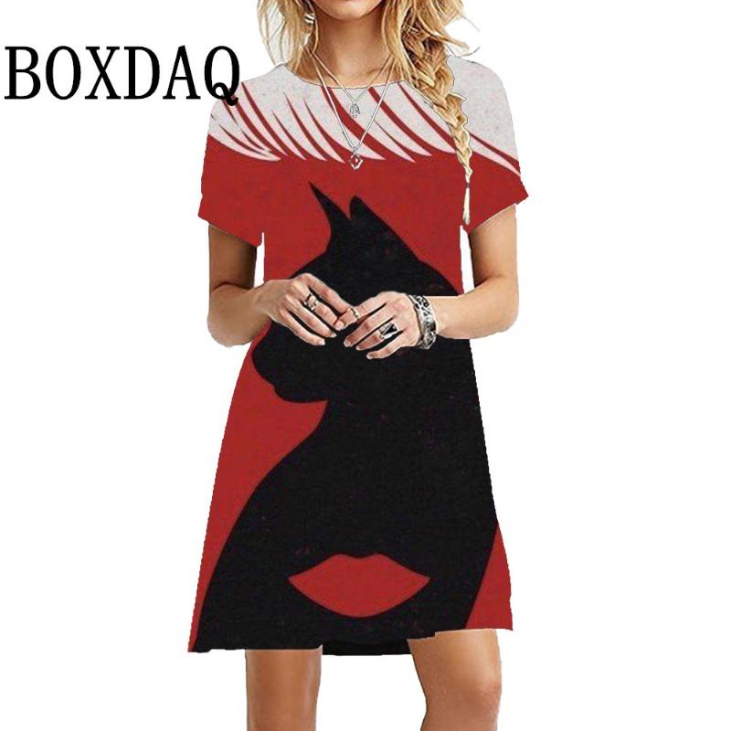 Oversized Short Sleeve Dress Summer O-Neck Women'S Dress Loose Kawaii Painting Cat Print Dress Harajuku Streetwear Hip Hop Dress