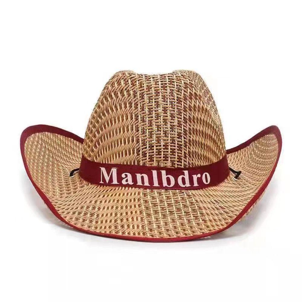 Western Cowboy Style Men Straw Hat Wide Brim Beach Hat Sun Protection Hat  for Outdoor Activities