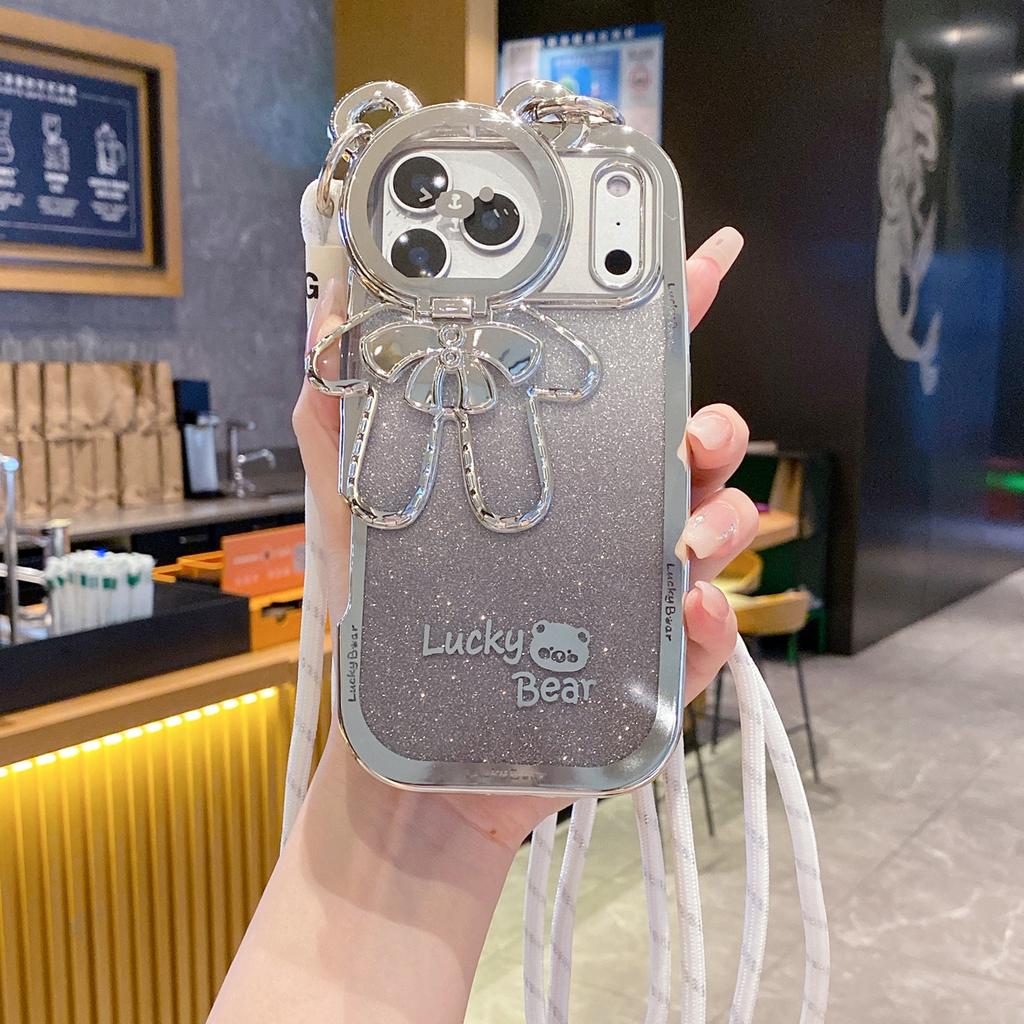 Lucky Bear Lanyard Mobile Phone Case Is Suitable for Apple 17PROMAX Anti-drop 16/15 Gradual Change Glitter 11/12 Personality