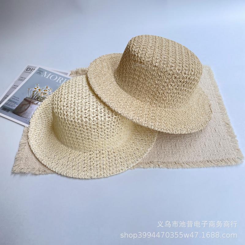 Old Money Style Fashion Hollow Woven Flat Top Straw Hat Women's Fashion Summer Beach Vacation Sun Protection Shade Sun Hat Men