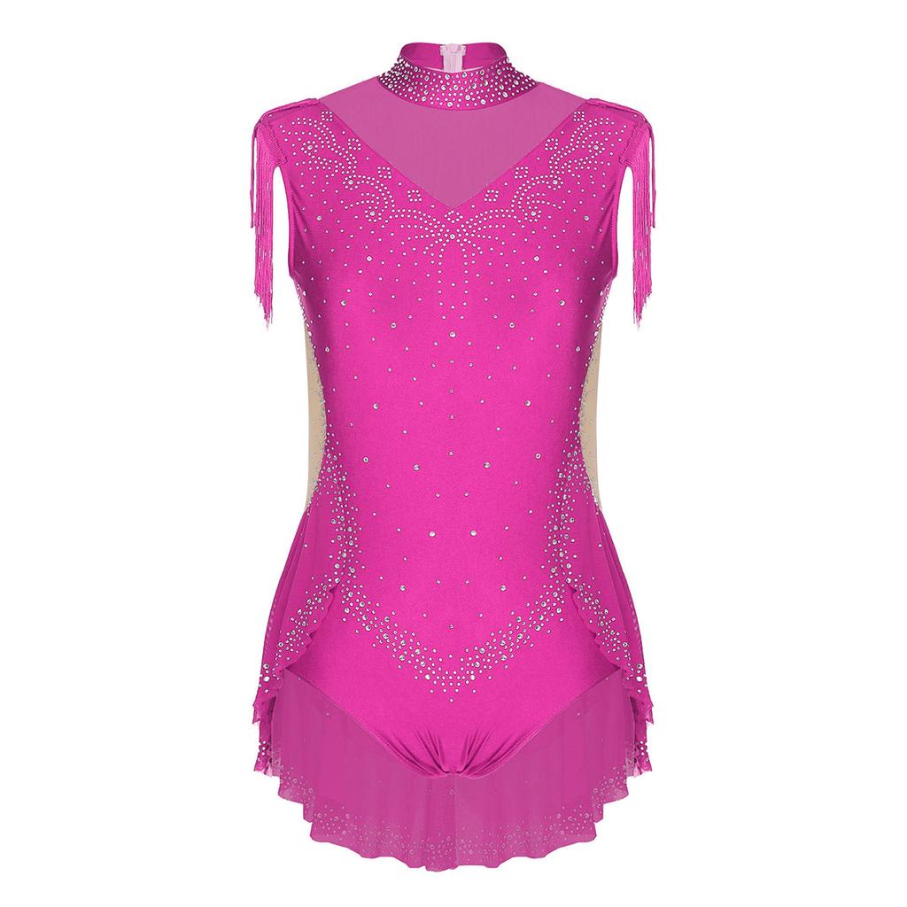 Mädchen Glitzernde Strasssteine Tanz-Body Stehkragen Ärmellos Unsichtbarer Reißverschluss hinten Durchsichtiges Mesh Patchwork Einteiler