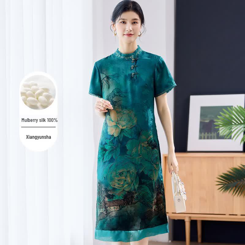 Mulberry Silk Chinese Style Floral Cheongsam Dress XXXL