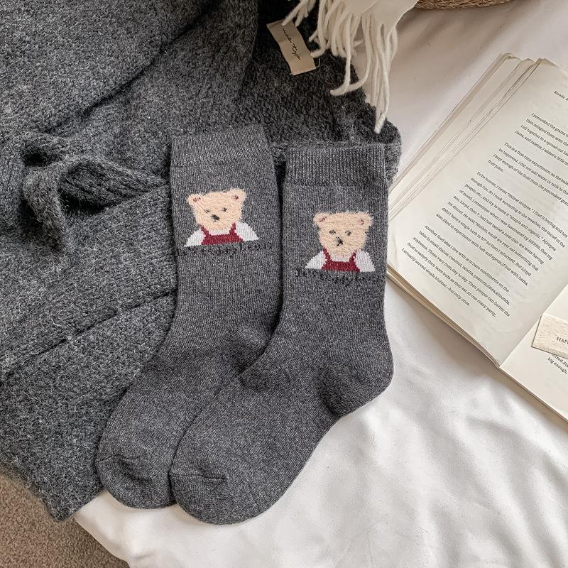 Winter Wool Socks Children Flocked Bear Cute Medium Tube Socks Thickened Warm Cashmere Socks Women S Stockings One size fits all