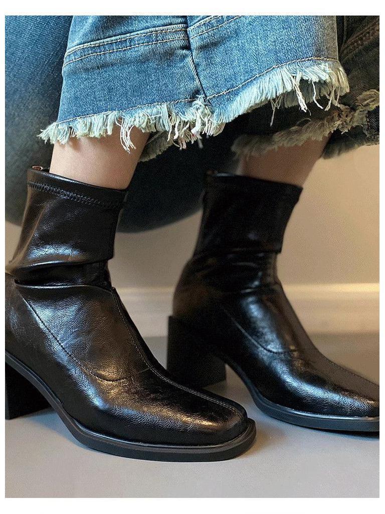 Women's 2025 Retro Slimming Leather Ankle Boots - Chunky Heel, Thick Sole, Versatile Martin Boots for Small Sizes