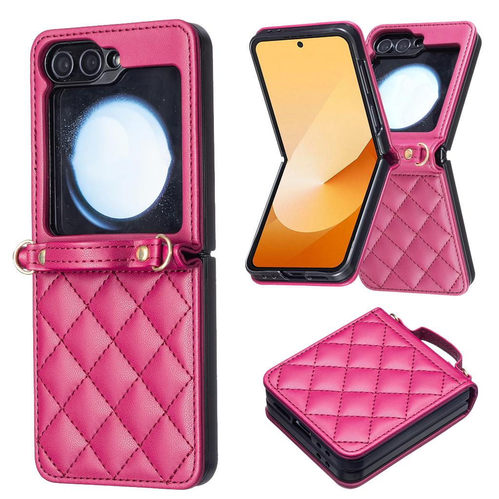 Für Samsung Galaxy Z Flip6 5G/Z Flip5 5G Leder Rückseite Hülle Rauten Handyhülle mit Schultergurt