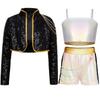 Kids Demon Singer Leader 3 Piece Dance Set Sequins Jacket Crop Top with Shorts Stage Performance Outfit