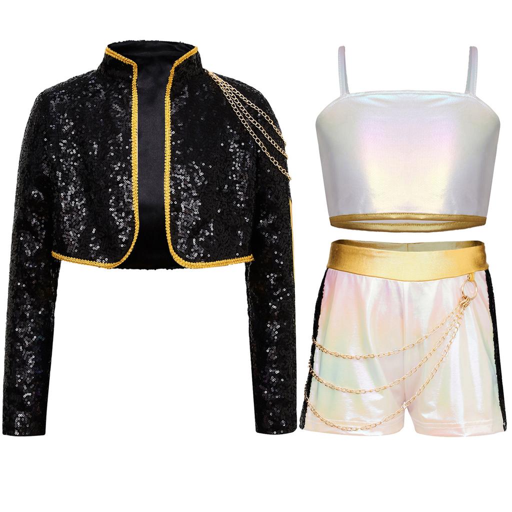 Kids Demon Singer Leader 3 Piece Dance Set Sequins Jacket Crop Top with Shorts Stage Performance Outfit