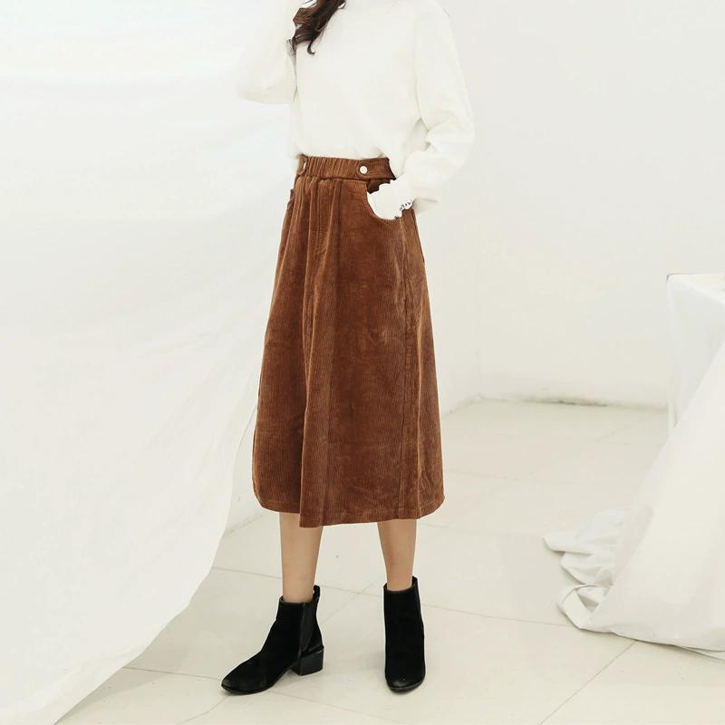 

Plus Size Women Skirts Female Autumn Elastic Basic Corduroy High Slit Oversize Fashion Japanese Dress L коричневий