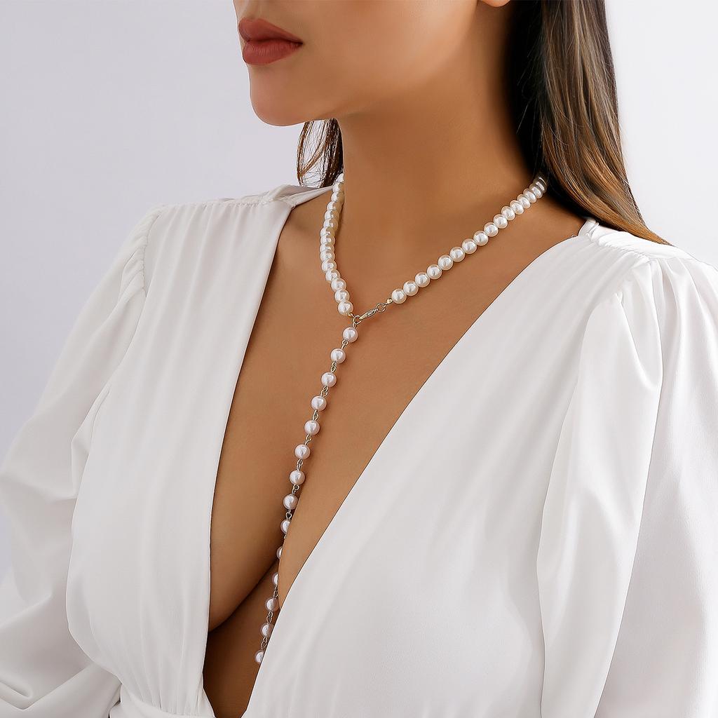 Vintage Round Bead Chain Beaded Necklace Simple Imitation Pearl Tassel Long Niche Necklace