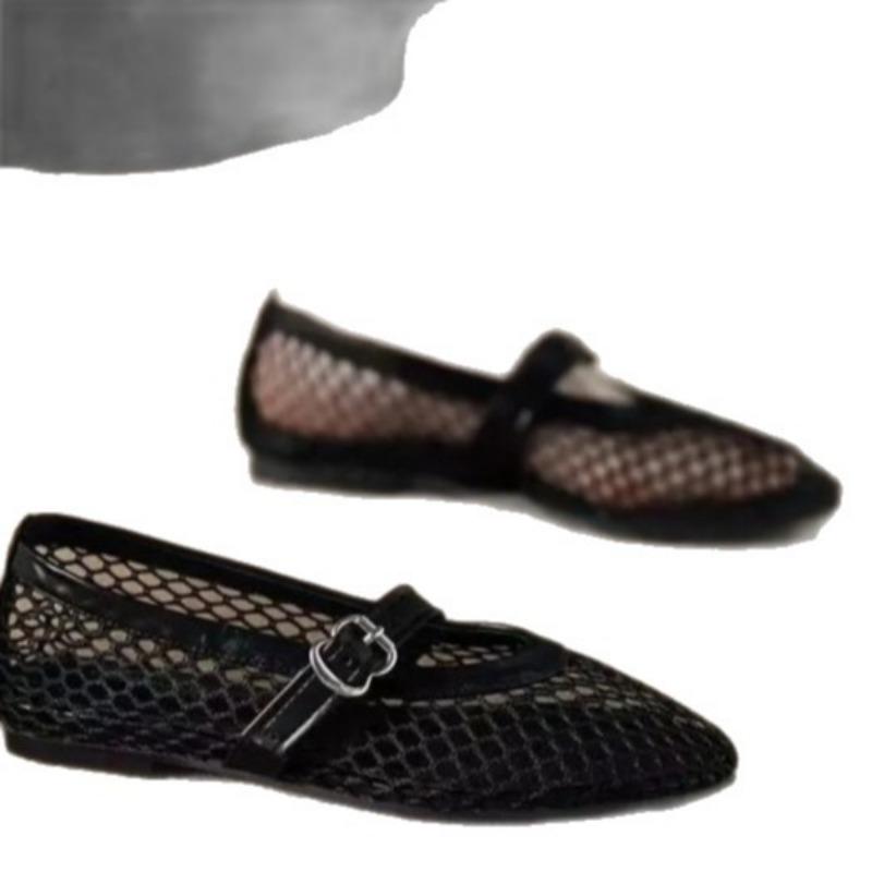 Fish grid hollow ballet shoes women's summer new round head casual women's shoes fashion belt buckle single shoes