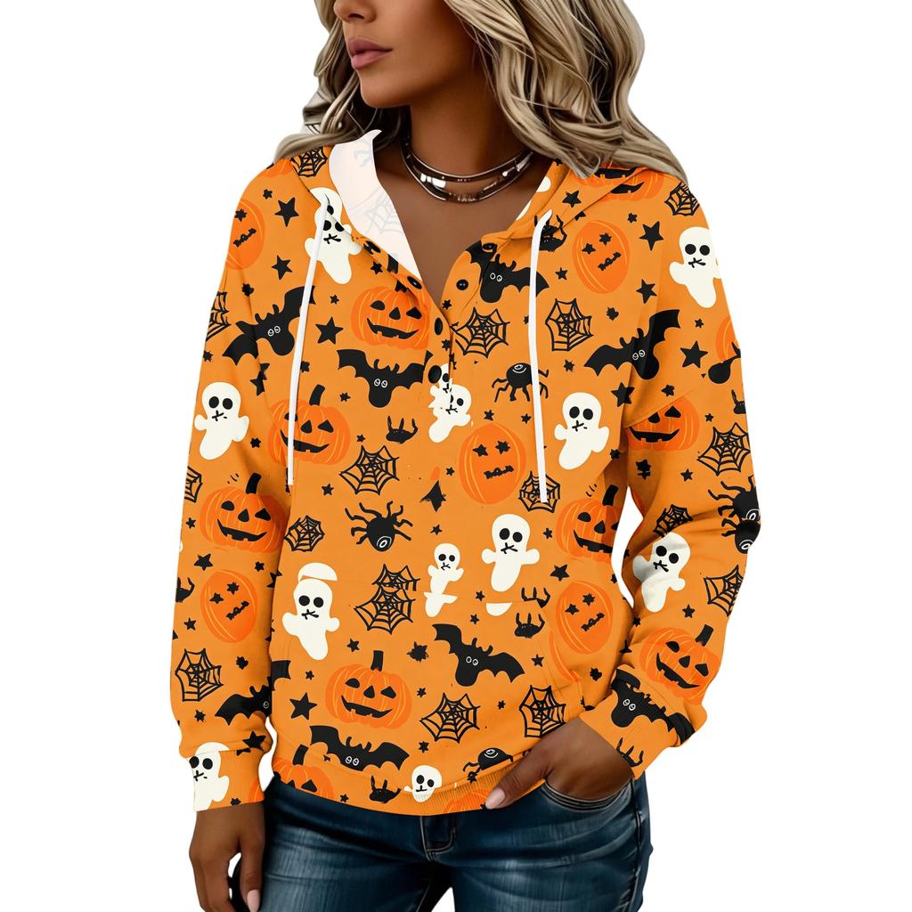 Women's Halloween Print Hoodie with Button Front - Long Sleeve Pullover Sweatshirt
