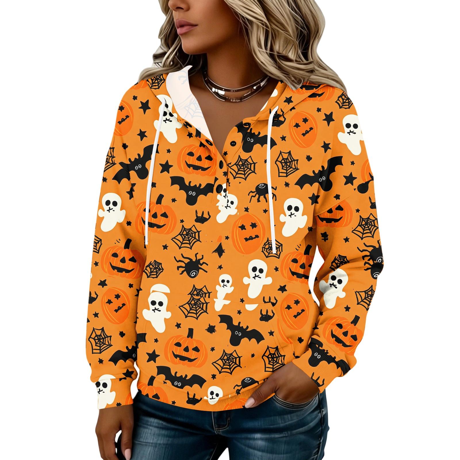 Women s Halloween Print Hoodie with Button Front - Long Sleeve Pullover Sweatshirt S