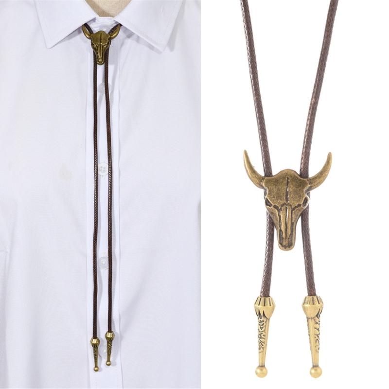 Vintage Bull Head Design PU Leather Necktie For Men Women Lightweight Alloy Accent Durable Fashion Accessory