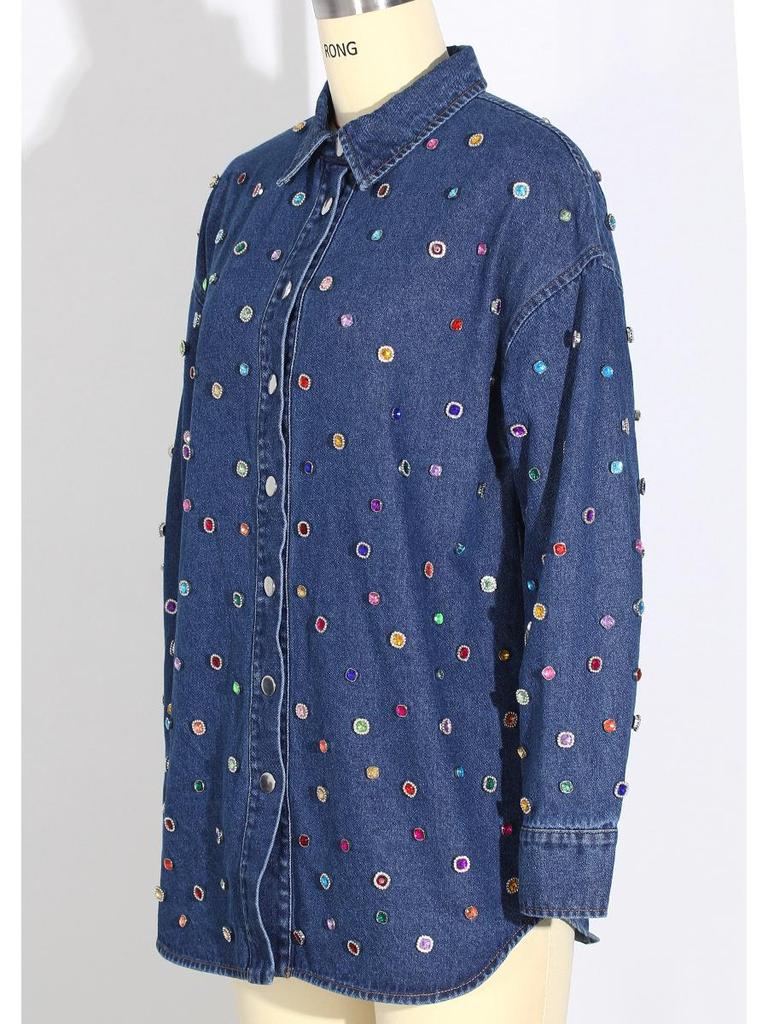 Women's Denim Ensemble: 2025 Beaded Jacket & Trousers Set - Versatile, Loose-Fit Long-Sleeve Cardigan.