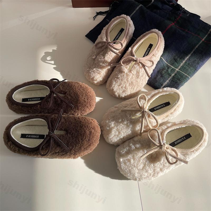 Värmande plyschskor för kvinnor, vinter, förtjockade, lätta, bekväma, bomullsskor, mode, rosettknut, halkfri, mjuk sula, Mary Jane-skor
