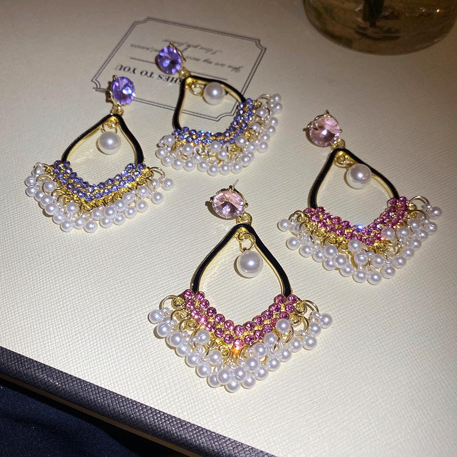 Inlaid Rhinestone Water Drop Pearl Tassel Earrings for Women Bohemian National Style Drop Earring Retro Light Luxury Zircon