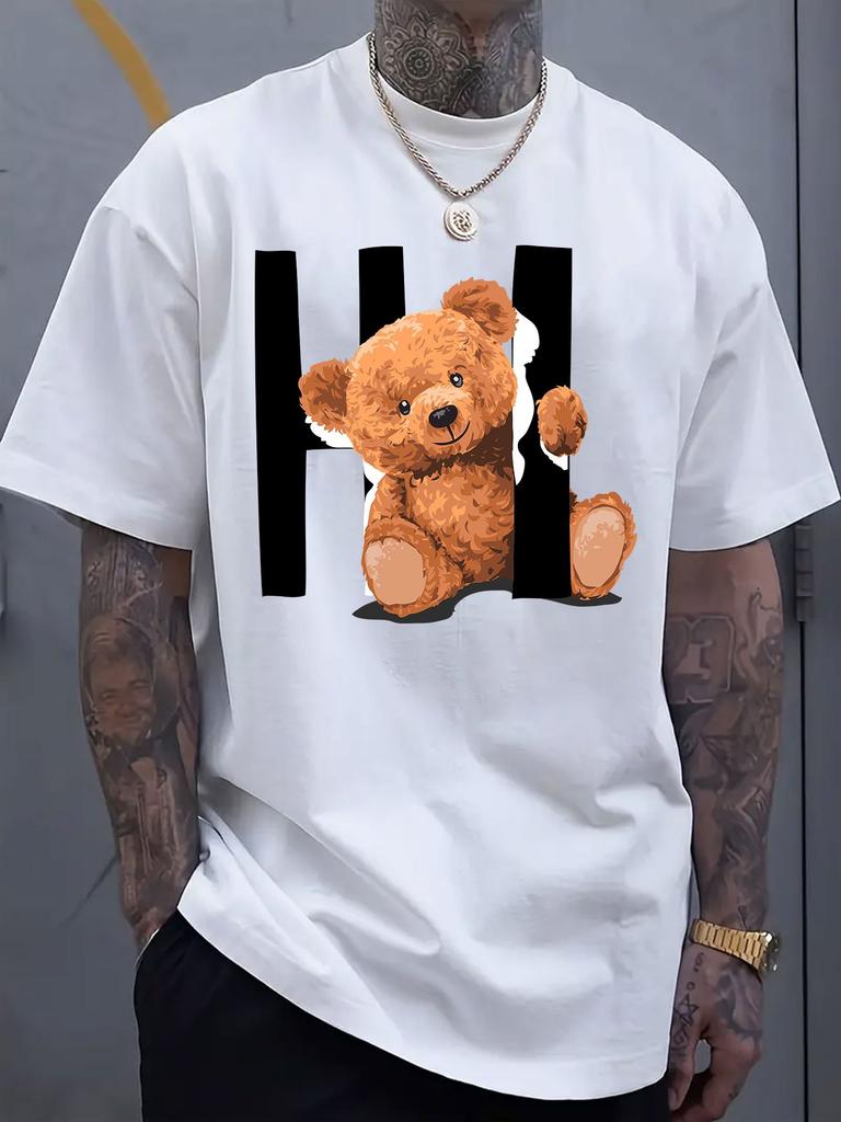 Fun Teddy Bear Graphic Printed Men's Luxury Cotton Short Sleeved T-shirt Summer Unisex Men's and Women's Street Trendy Clothing