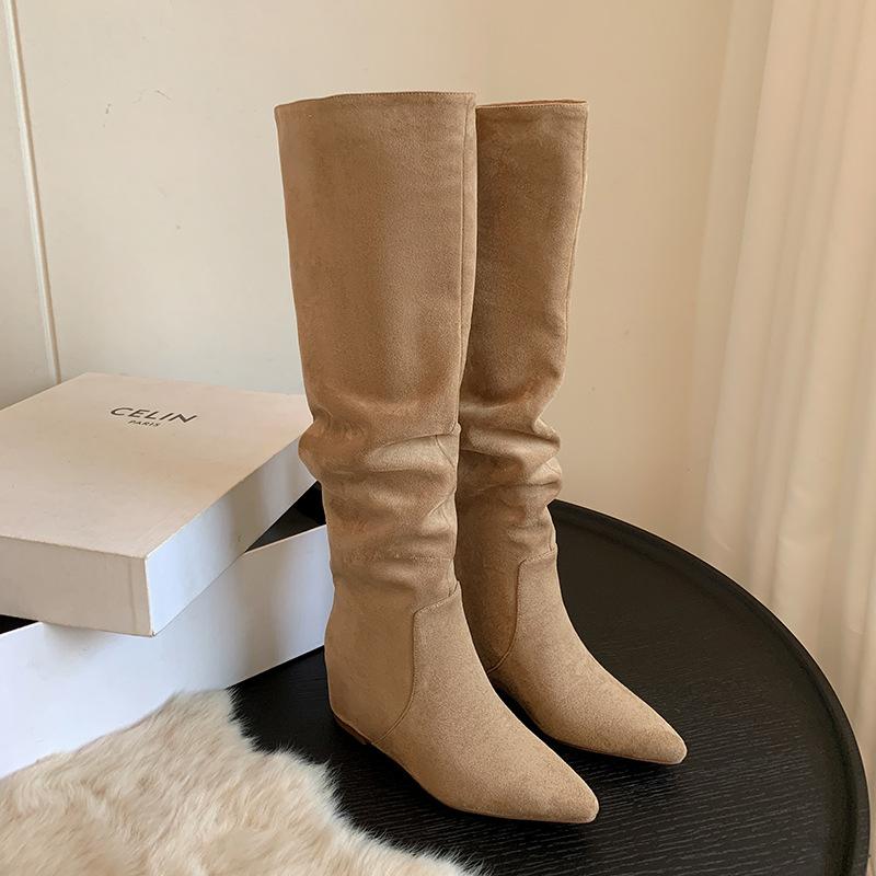 Pointed Wedge Heel Apricot Pile Long Knight Boots Women's Shoes 2025 Spring and Autumn New Thin High Heel High Boots