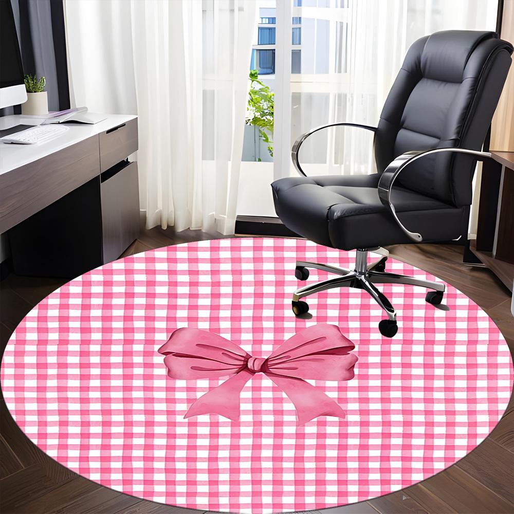 1pc Pink Checkered BowChair Carpet for Office, Indoor Non-Slip Washable Polyester Fiber Carpet, Mat For Office, Machine Washable