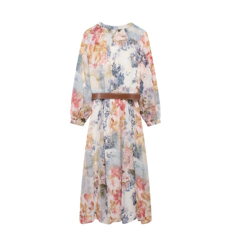 New Autumn Floral Print Belted Midi Dress for Women - European & American Style