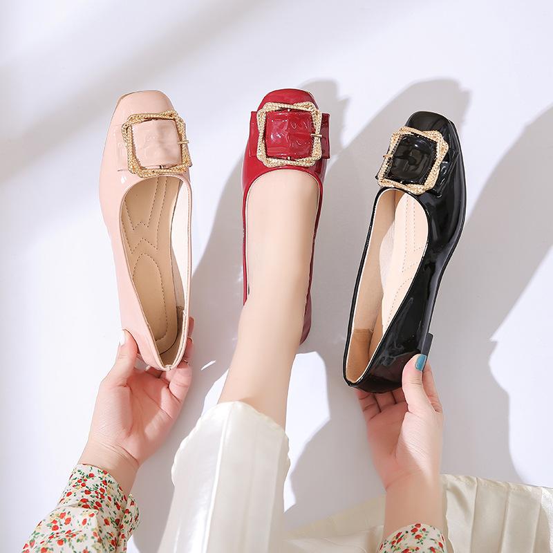 High heels women's 2025 new patent leather square head soft sole low heel Doudou shoes shallow mouth fashion versatile thick heel single shoes