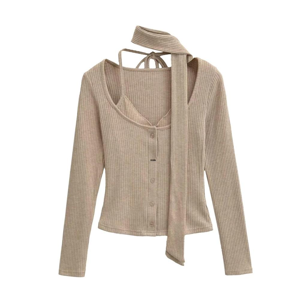 Temperament Pure Desire Spliced Faux Two-Piece Turtleneck Tie Imitation Cashmere Long Sleeve Tee with Flowing Ribbon Scarf for Women
