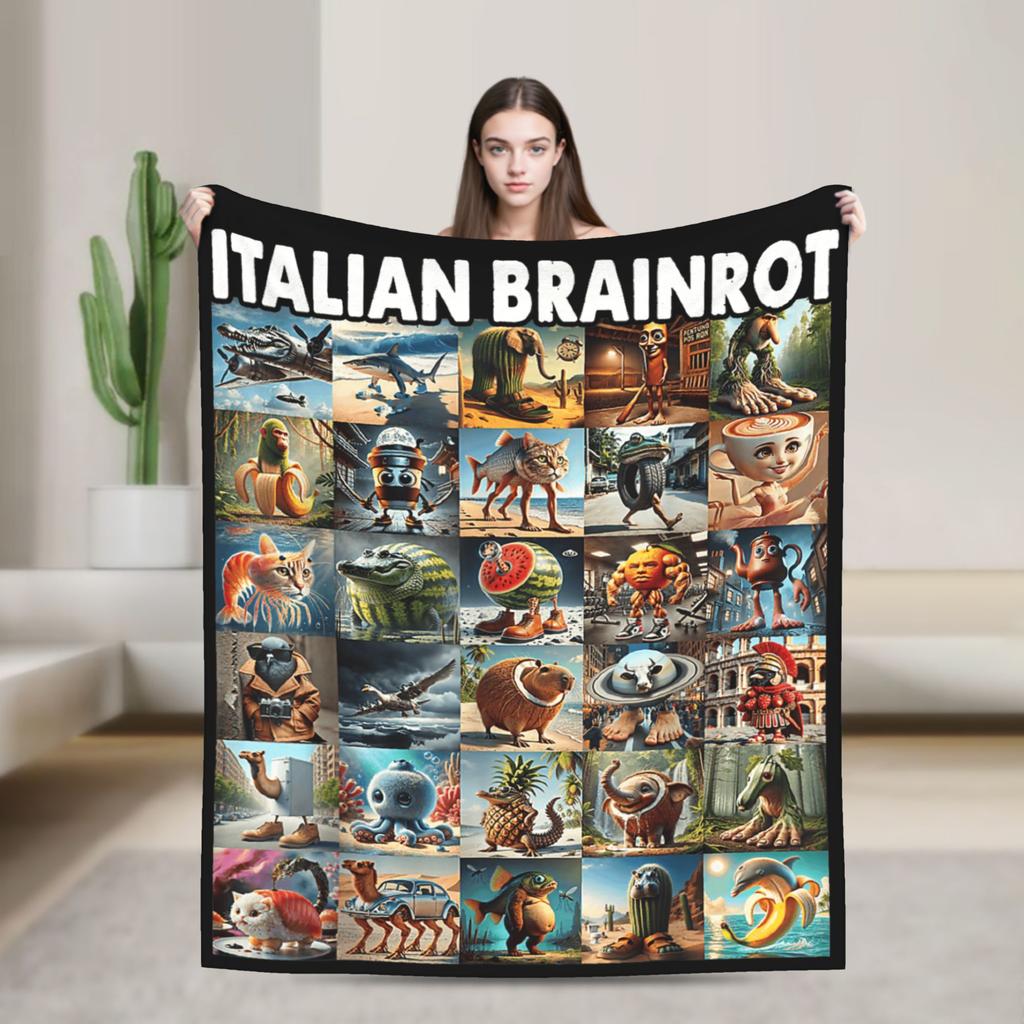 Funny Italian Brainrot Memes Compilation Blanket Travel Flannel Throw Blanket For Home Decor Super Warm Quality Bedspread Gift
