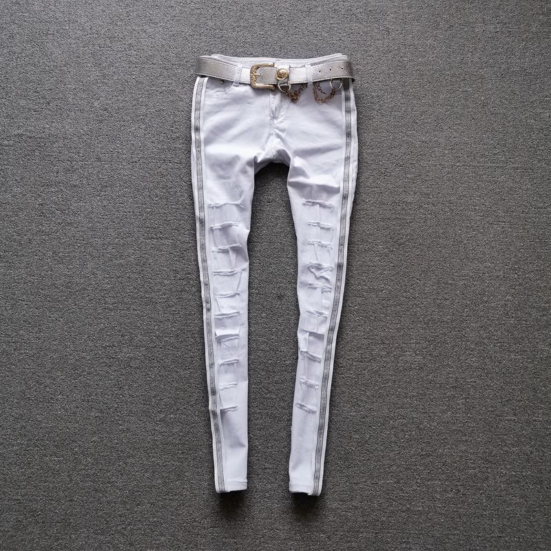 

Ripped Side Stripe Slim-Fit Slim Looking Cropped Jeans Side silver webbing white hole Denim XS