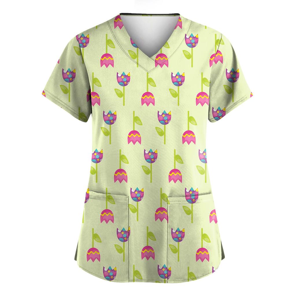 Women's Valentine's Day Printed Loose V-Neck Pocket Short Sleeve Uniform  Uniform