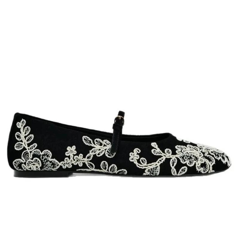 Fashion Elegant Flower Embroidery Designer Ballet Flats Women Light Comfortable Mary Jane Shoes Narrow Strap Buckle Casual Flat Shoes