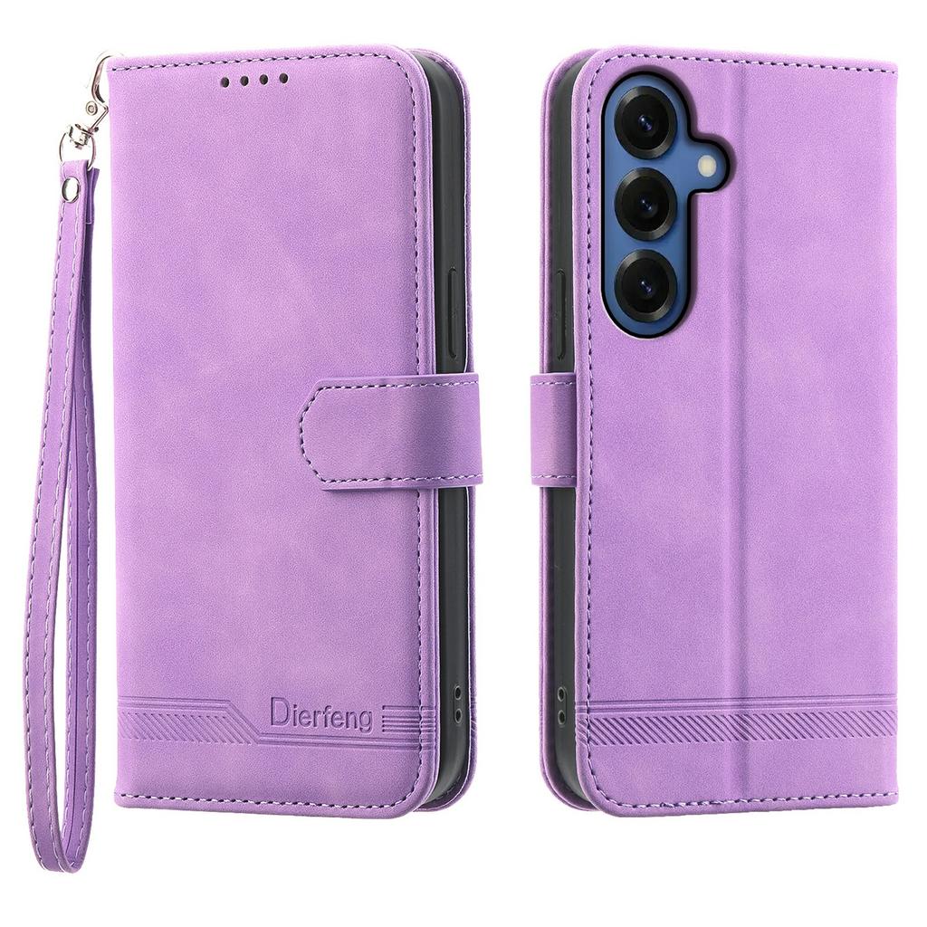 DIERFENG DF-03 For Samsung Galaxy S26+ Case Lines Imprint Wallet Leather Phone Cover with Wrist Strap