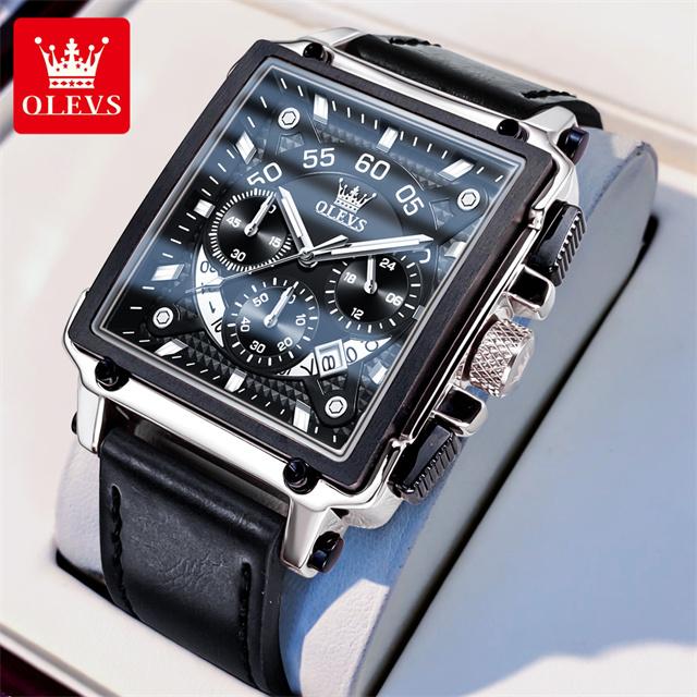 OLEVS Men's Wrist Watch Big Dial Square Quartz Watch for Men Leather Strap Waterproof Chronograph Sports Clock Relogio Masculino