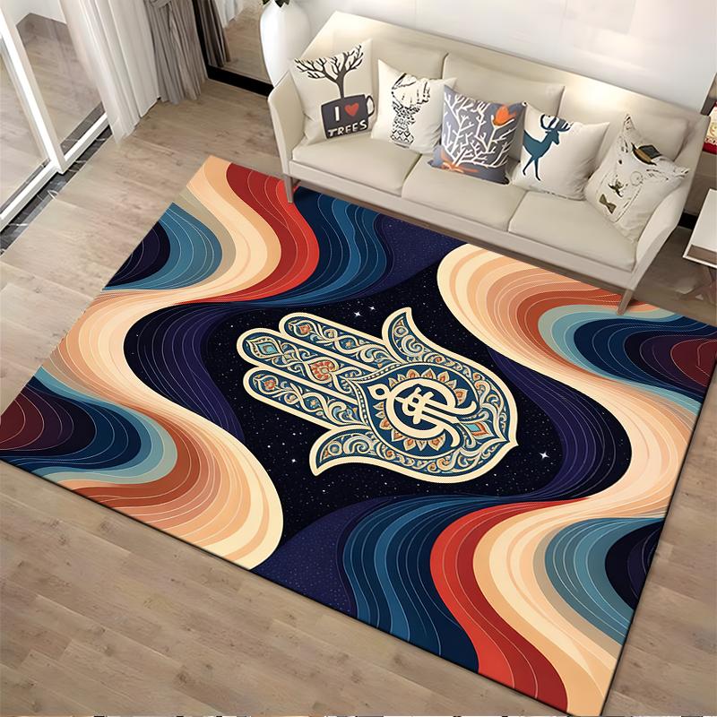Colorful Abstract Carpet with Hamsa Hand Symbol and Wavy Patterns Suitable for use as an anti-slip for living room bedroom sofas