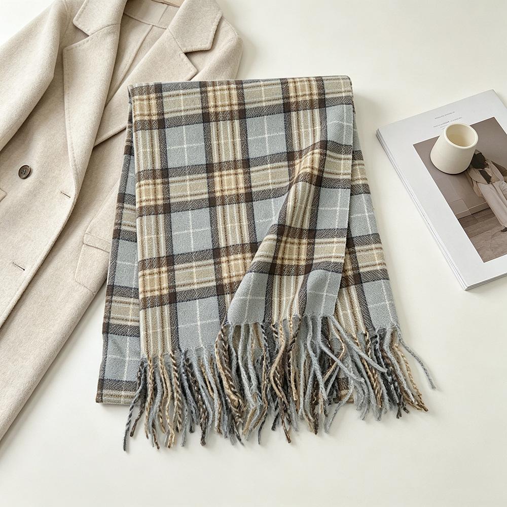 1116 new soft waxy blue and white plaid fringed scarf Korean warm autumn and winter thickened student high-end scarf