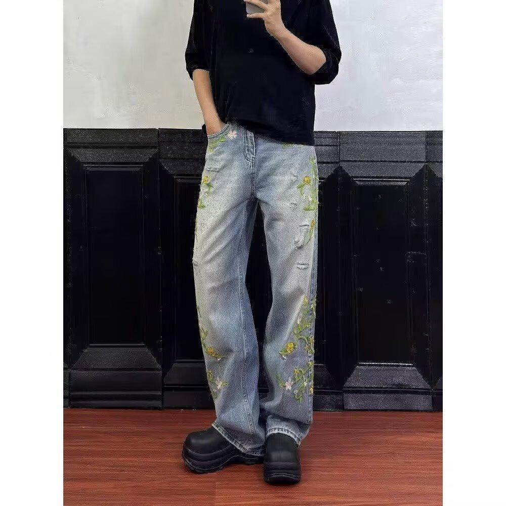 Trendige Marke Nische Rattan Blume Bestickte Jeans Herren Amerikanischer Vibe Straße Rowdy Gutaussehend Locker Gerade High Street Hosen
