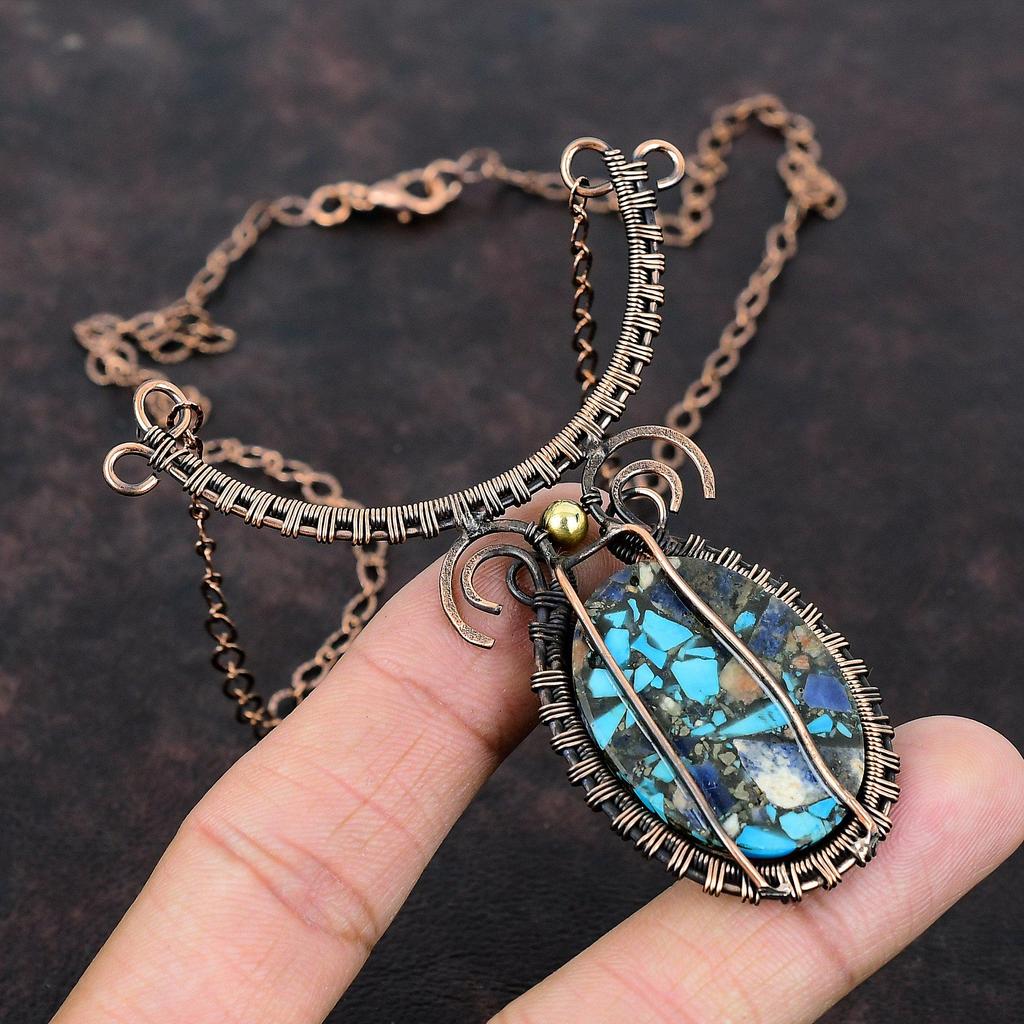 Copper Multi Turquoise Necklace Copper Wire Wrapped Gemstone Necklace Handmade Designer Jewelry Adjustable Necklace Copper Jewelry For Gift